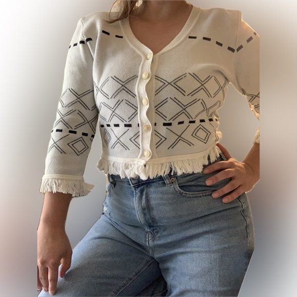 Vintage Doncaster Fringe Sweater Cropped Tribal Aztec Pattern Size Large Indie - Picture 1 of 10